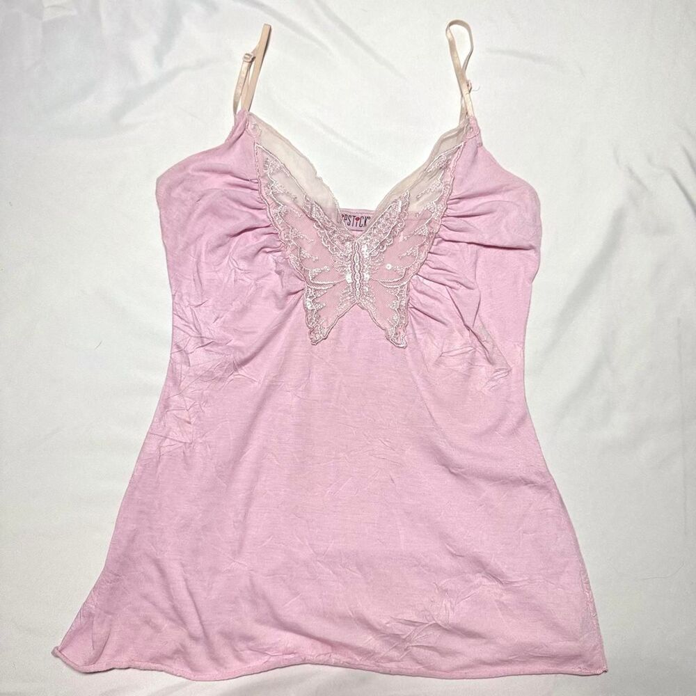 VTG Y2K Lace Butterfly Baby Pink Crinkle Texture Lipstick Cami